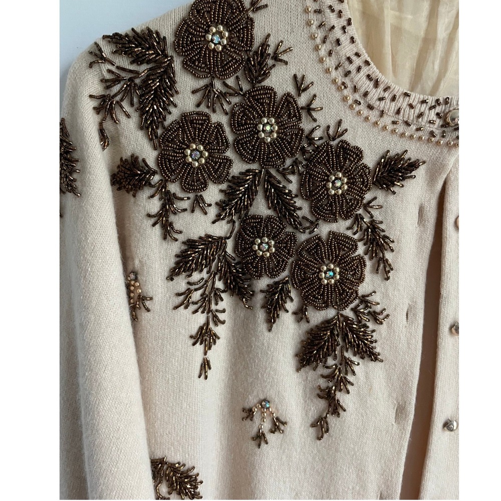 Vtg 1950s Hand Beaded Cardigan Cream Floral Bronze Glass Bead Sweater Lined 40 - Picture 2 of 14